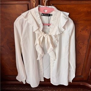 Allegra K Cream Ruffle Tie-Front Blouse